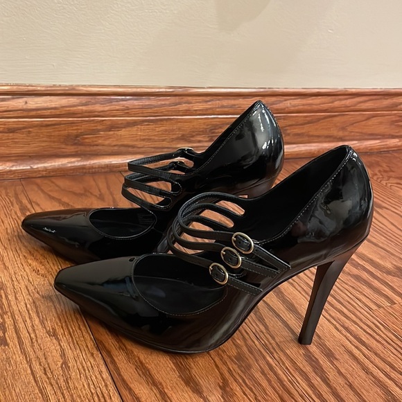RACHEL ZOE Sam black patent leather 3 strap heeled pump point toe size 10 - Picture 13 of 17